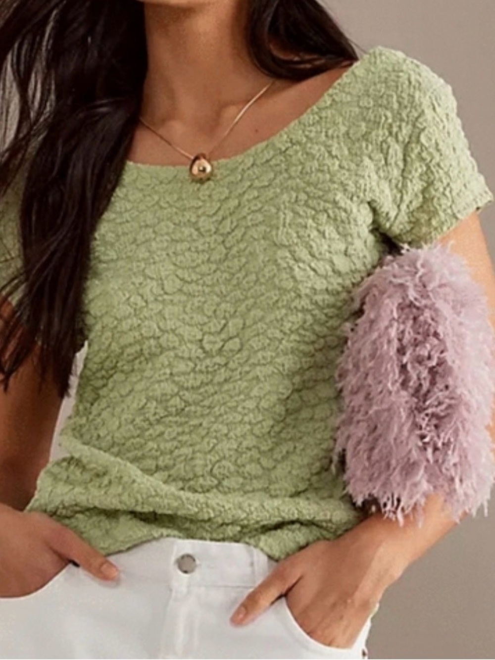 Anthropologie Light Olive Popcorn Crinkle Textured Short Sleeve Tee